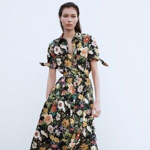 ZARA FLORAL PRINT POPLIN MIDI DRESS
